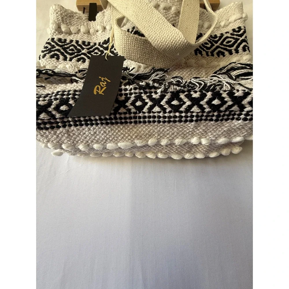 Raj Woven Geometric Tassel Tote Bag Black Cream Boho Pom Pom XL Large‎ NEW